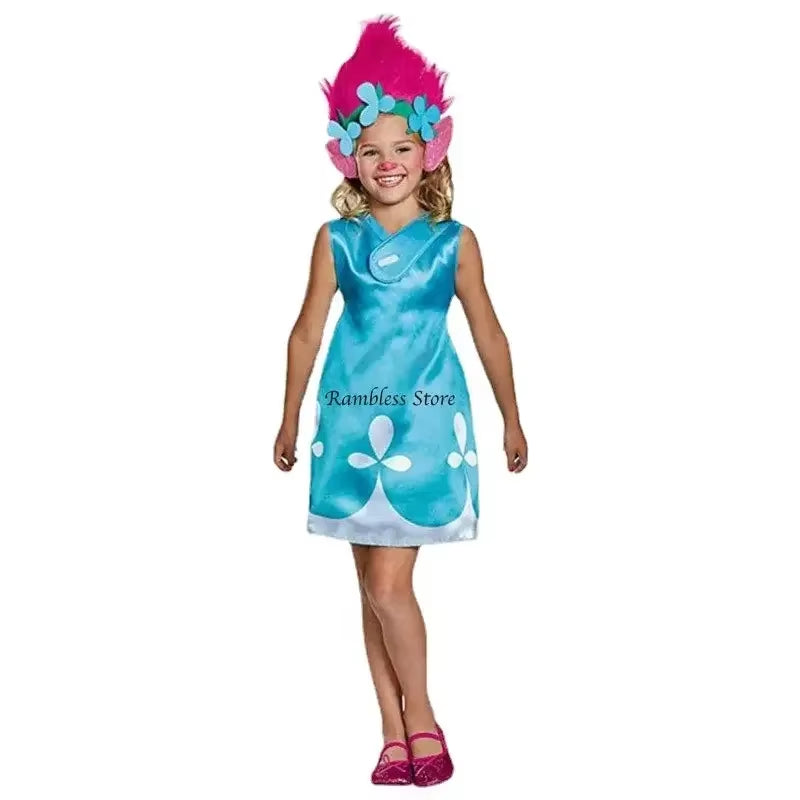 Children Halloween Cosplay Dress for Girls Trolls Bobbi Frank Cosplay Costumes Kids Carnival Party Cosplay Clothes with Wig