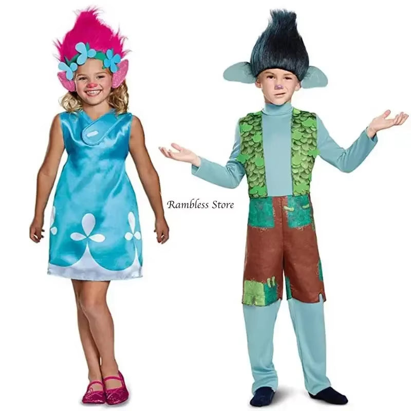 Children Halloween Cosplay Dress for Girls Trolls Bobbi Frank Cosplay Costumes Kids Carnival Party Cosplay Clothes with Wig