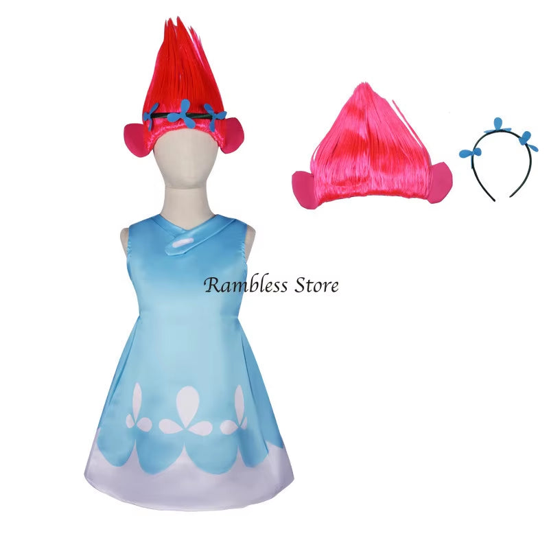 Children Halloween Cosplay Dress for Girls Trolls Bobbi Frank Cosplay Costumes Kids Carnival Party Cosplay Clothes with Wig